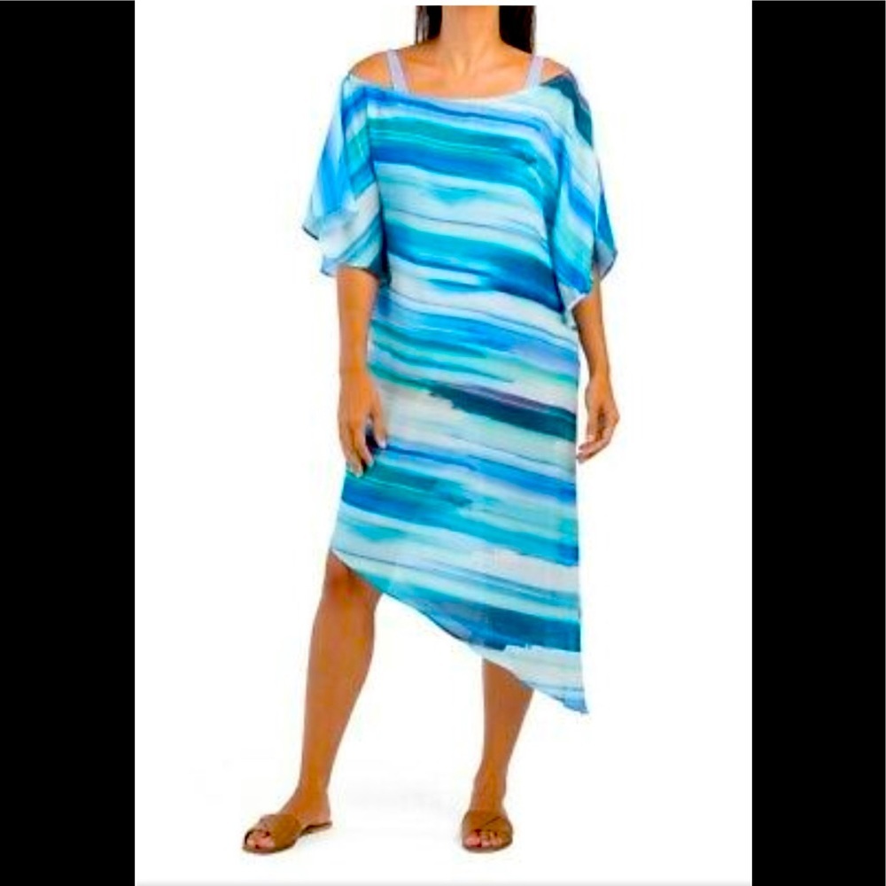 LA Blanca Women Blue Short Sleeve Printed Cover Up Dress Swimwear Size M